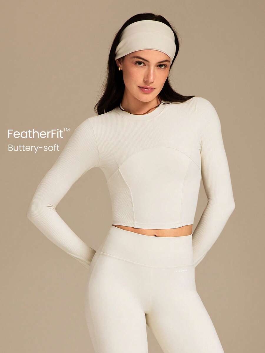 GLOWMODE FeatherFit™ Soft Stretchy Ribbed Seam-Dividing Design Long-Sleeve Tee Top Low Impact Yoga Pilates Studio Daily Casual Wear Removable Cups