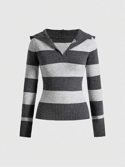 Fairycore Suéter con capucha ajustado de estilo universitario casual a rayas negras y grises para mujer, otoño/invierno