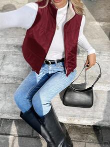 SHEIN Frenchy 女士休闲简约保暖无袖立领羽绒服，冬季 - 酒紅色 - 查看 10