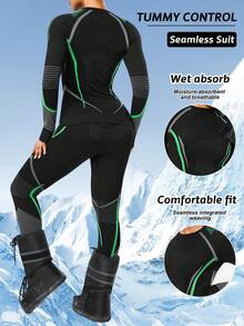 Seamluxe SHEIN Sport 女士撞色运动滑雪服套装，紧身保暖内衣滑雪服 - 黑色 - 查看 2