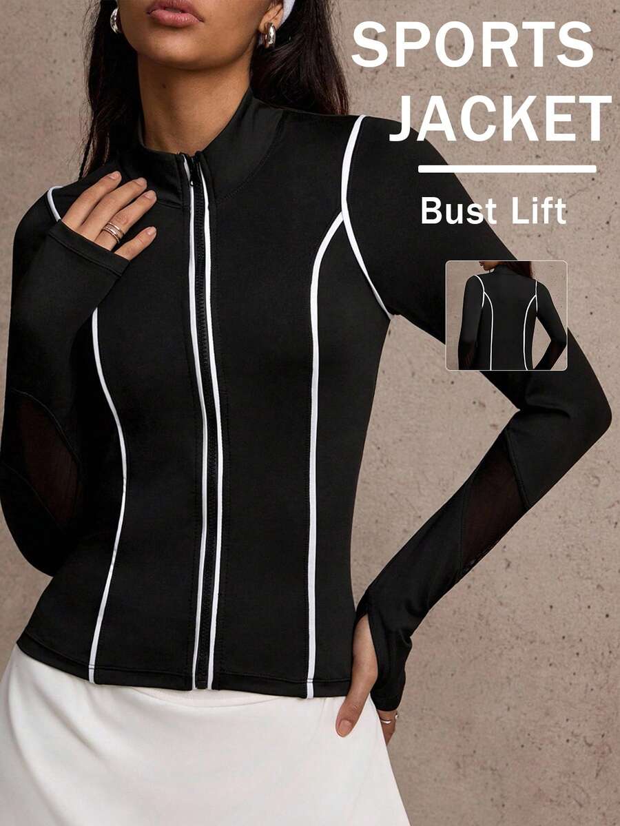 Dewbera Jachetă sport cu fermoar în culori contrastante, jachetă albă cu mânecă lungă, croială slim fit, cu model patchwork - Negru - Vizualizare 1