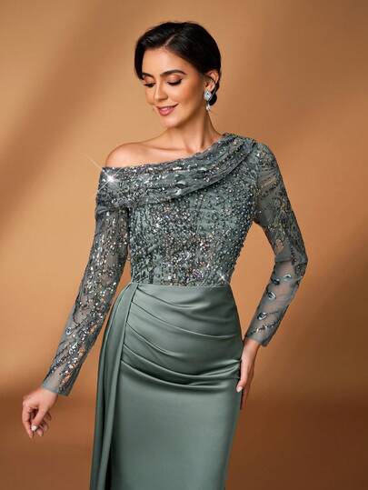 Serin Elegant Luxurious Faux Pearl Beaded Lace Patchwork Elastic Knit Sheer Long Sleeve Ruched Fishtail Maxi Dress, Suitable For Wedding, Party, Holiday, Prom, Evening Gown, Valentine's Day