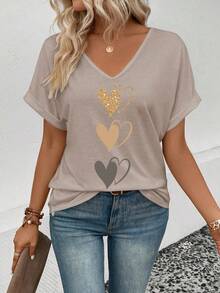 SHEIN Women's V-Neck Casual Heart Print T-Shirt, Popular - Apricot - View 4