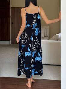 DAZY Váy dài nhẹ họa tiết hoa cho nữ, phong cách du lịch - Màu xanh lam - Xem 2