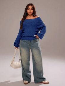 Rustia Plus Size Women's Fashion Casual Off-Shoulder Sweater - Blue - View 7
