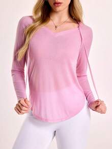 Gameset SHEIN Sport 女士纯色长袖连帽休闲卫衣 - 粉色 - 查看 4