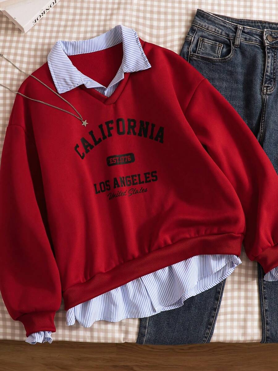 Teen Girl Casual Pullover Sweatshirt, Versatile For School & Commute, 2 In 1 Sweatshirt With Shirt Collar, Numeric & Letter, Leopard Print Pattern, Loose Fit - Burgundy - View 1