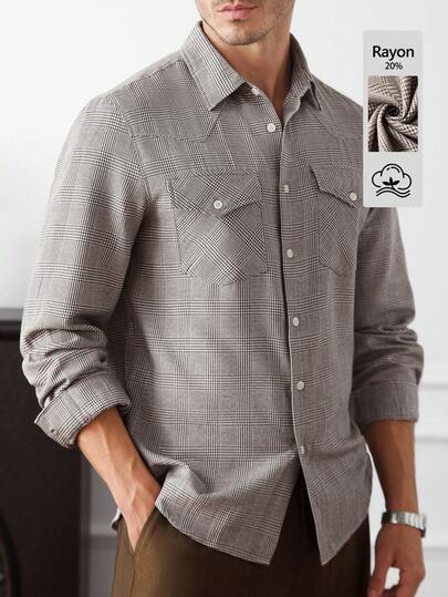 Core Aspect Old Money Style,Casual And Simple StyleMen's Classic Plaid Double Pocket Casual Long Sleeve Shirt Men's Textured Plaid Shirt Men's Casual Button Up Shirt Men's Long Sleeve Shirts With Pockets Grey Plaid Men Shirt