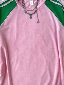 SHEIN Oversized T-Shirt With Contrast Color Ribbon Sleeves For Teen Girls, Casual, Street Style, College - Multicolor - View 4