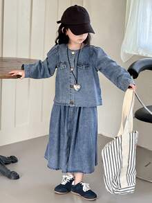 Dazy Kids 少女休闲牛仔套装：圆领长袖纽扣上衣和迷你裙 - 藍色 - 查看 5