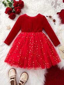 SHEIN Elegantes rotes Samtkleid mit Netzärmeln für Kleine Mädchen - Rot - Übersicht 2