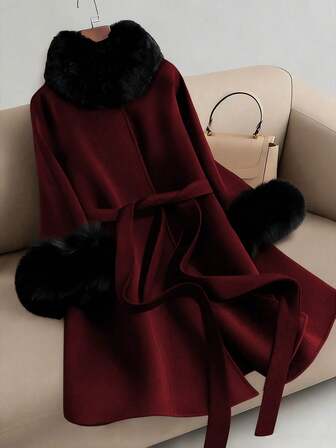 Regalyn Plus Size Women's Colorblock Overcoat With Faux Fur Collar, Belted