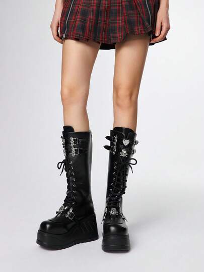 Grunge Punk 2025 New Fashion Punk Style PU Leather Platform Ankle Boots, Dark Gothic Thick Sole Boots With Skull & Bat Buckle Decor, Wedge Mid-Calf Boots For Fashionable Women