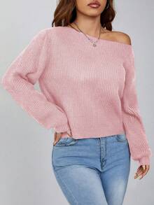 SHEIN PETITE 女款灰粉色針織套頭毛衣，落肩不對稱領口休閒上衣，適合秋冬冬季約會，時尚女裝，適合嬌小女性 - 粉色 - 查看 4