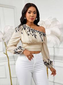 INAWLY Plus Size Women Lantern Sleeve Cropped Retro Oblique Shoulder Top - Multicolor - View 3