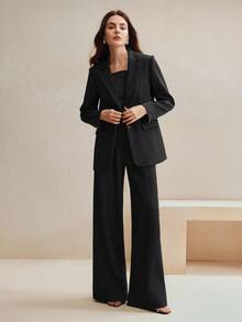 Anewsta 2pcs Urban Chic Retro Women's Suit Set, Maillard Color Blazer Jacket + Straight Leg Pants