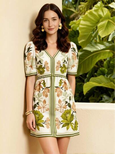 CAJUNI Floral Print Puff Sleeve Casual Vacation Dress