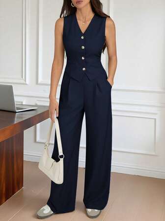 SHEIN Tall Conjunto de traje casual de mujer con chaleco de un solo botonadura y pantalones con bolsillos de unicolor