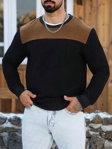 Manfinity CasualCool Sweat-shirt col rond en velours côtelé patchwork pour hommes, noir et marron, couleurs d'automne/hiver, pièce essentielle et chaude pour l'hiver, peut être porté en couche intérieure ou extérieure - Noir - Voir 5
