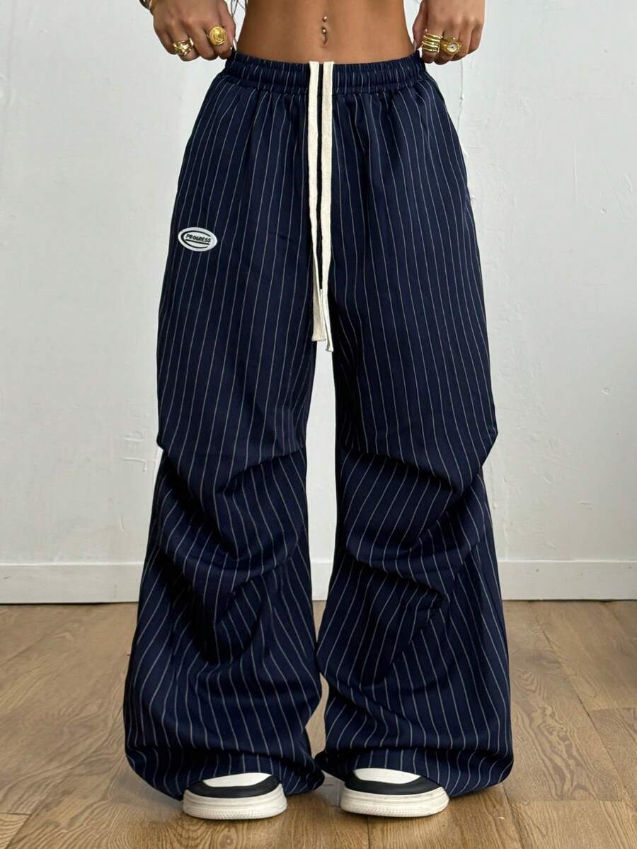 Coolane Women's Summer Basic Striped Wide Leg Sweatpants - Navy Blue - View 1