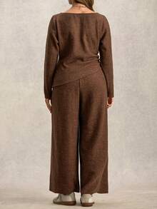 Zelara 2pcs Plus Size Set, Textured Comfortable Fabric Top And Pants Brown Two Piece Set Women Plus Size Co Ord Set - Khaki - View 6