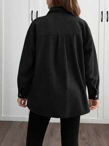 EURMUSE Solid Color , Rhinestone Details, Over Shirt Jacket - Black - View 2