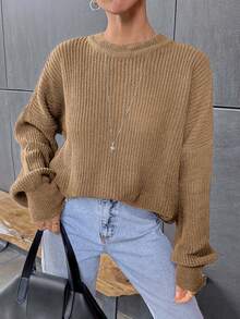 EURMUSE Suéter casual de cor sólida com ombros caídos, outono/inverno - Camelo - Ver 2