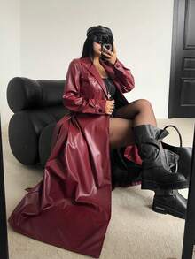 Flirla Plus Size Lapel Belt A-Line Pocket Long Sleeve PU Windbreaker - Burgundy - View 3