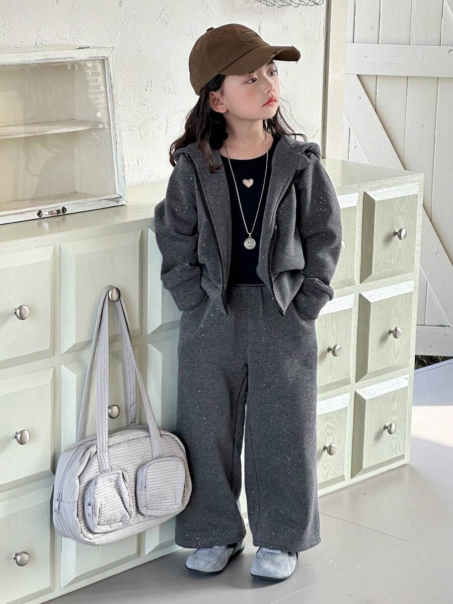 DAZY Young Girl Casual Daily Commute Simple Solid Color Rhinestone Zipper Hoodie And Wide Leg Sweatpants Set, Warm Thermal Lined For Autumn/Winter - Grey - View 1