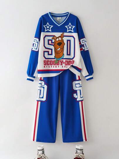 SCOOBY-DOO X SHEIN Tween Boy Cartoon Dog & Star Print Patchwork Colorblock Loose V-Neck Sweatshirt And Wide Leg Pants 2 Pieces Set, Autumn/Winter