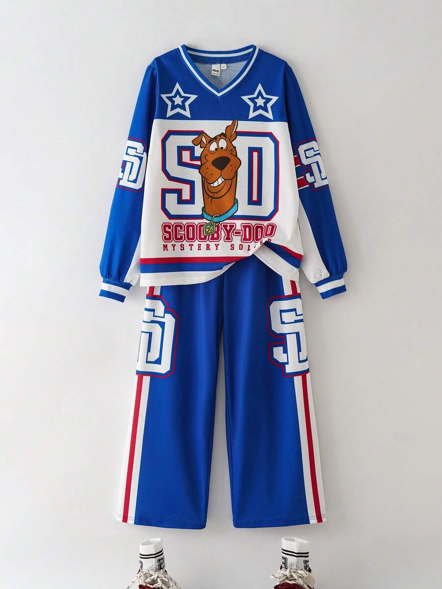 SCOOBY-DOO X SHEIN Bộ 2 món áo nỉ cổ chữ V rộng rãi in hình chú chó hoạt hình và ngôi sao kèm quần ống rộng màu sắc cho bé trai tuổi mới lớn, Thu/Đông - Xanh và trắng - Xem 1