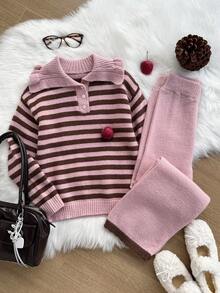 SHEIN Sparklyn 两件套：优雅法式粉色条纹彼得潘领针织上衣 + 针织裤，秋冬款 - 粉色 - 查看 1