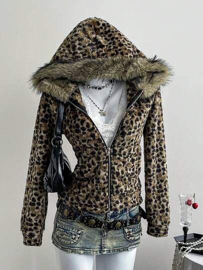 Elamini Damtröja med dubbelsidig fleece, prickig hjort och leopardmönster, lapptäcke, fuskpälskrage, långärmad, åtsittande ficka och dragkedja, kaffefärgad och trendig för pendling, vardagliga utflykter, skola, arbete, dejter och vardagskläder på hösten/vintern.