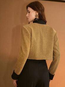 MOTF PREMIUM FASHIONABLE METALLIC THREAD TEXTURED GLOSSY SATIN COLLAR SHOULDER PAD GOLD SHORT JACKET - Gold - View 4