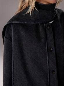 TRNVIE 2件套秋冬办公/通勤高领撞色缎带宽松长袖优雅短款法式简约复古风女士外套 - 黑色 - 查看 8