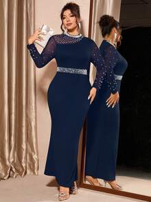 Cravure Plus Size Elegant Long Sleeve Dress, High-End For Banquet And Party, Autumn/Winter - Navy Blue - View 4