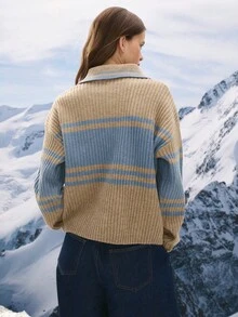 Nöista Women's Blue And White Stripe Ribbed Knit Polo Sweater,Relaxed Fit Button-Up Collar Winter Pullover For Autumn,Casual Occasion,Soft Fall Knitwear - Khaki - View 2