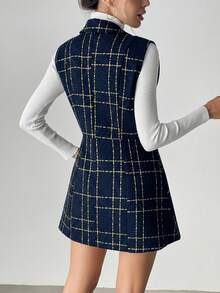 SHEIN Clasi 女士斜纹软呢背心+A字裙两件套，优雅通勤装 - 藏蓝色 - 查看 2