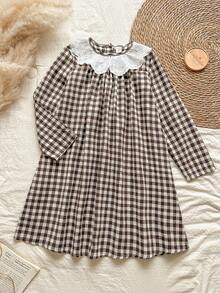 Vintaside Kids 女童格子保暖连衣裙，乡村风格，适合春、秋、冬过渡季节，时尚、优雅、可爱 - 棕色 - 查看 4