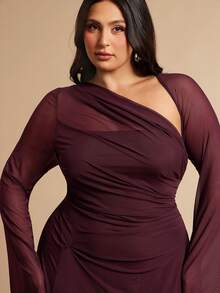 SHEIN BAE 大码女式酒红色长袖连衣裙 - 酒紅色 - 查看 2