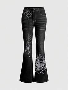 ROMWE Quần jeans cỡ lớn kiểu Gothic thêu mạng nhện, màu xanh đậm cổ điển - màu đen - Xem 1