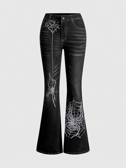 ROMWE Plus Size Gothic Spider Web Embroidered Vintage Dark Wash Jeans
