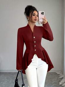 Elenzga Áo khoác nữ dáng rộng cổ chữ V màu đen trơn tay dài raglan thanh lịch, thắt eo, viền bất đối xứng, viền loe, dáng thường - Màu Đỏ Sâu - Xem 3