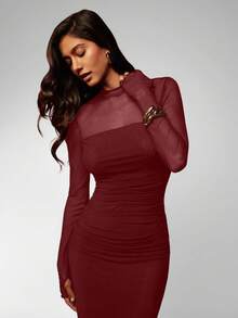 Opulessa 度假针织网眼长袖超长连衣裙 - 酒紅色 - 查看 3