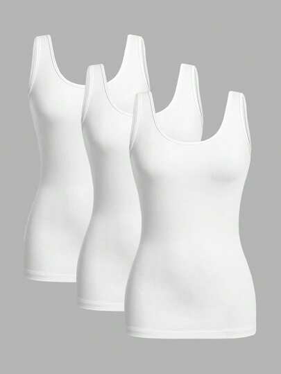 SHEIN Essnce 3pcs Casual Minimalist Solid White Tank Tops, Suitable For Summer Wear, Slim Fit Round Neck Undershirt Beach