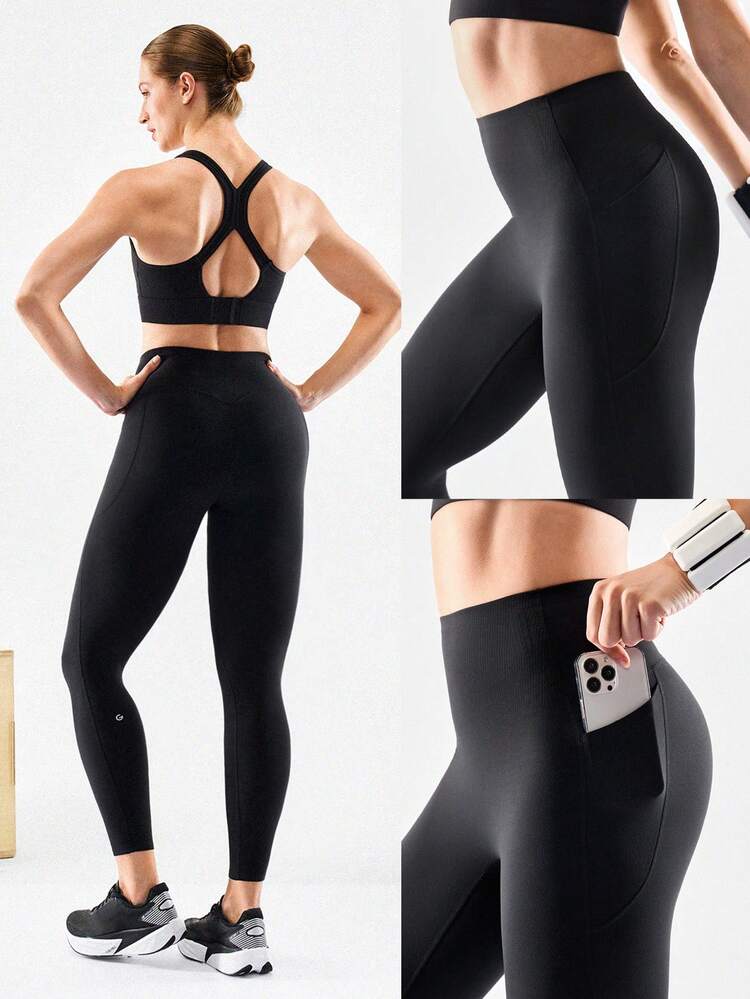 24'' CoreHold FeatherFit™-Sculpt CoreHold No Slip Fit Boning Tummy Control No Front Seam Leggings With Side Pockets Medium Impact Workout Jogging Gym Training  Spring Summer