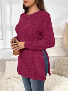 SHEIN Frenchy 加大码圆领插肩袖修身开衩下摆罗纹长袖T恤 - 酒紅色 - 查看 6