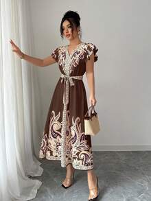 Elenzga 女士浪漫度假波西米亚风印花连衣裙 - 咖啡 - 查看 6