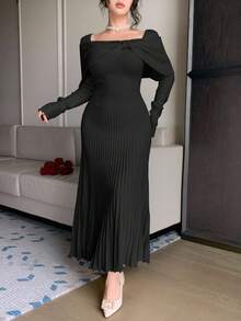 DAZY Váy len cổ vuông lệch màu thanh lịch cho nữ, mùa thu - màu đen - Xem 3