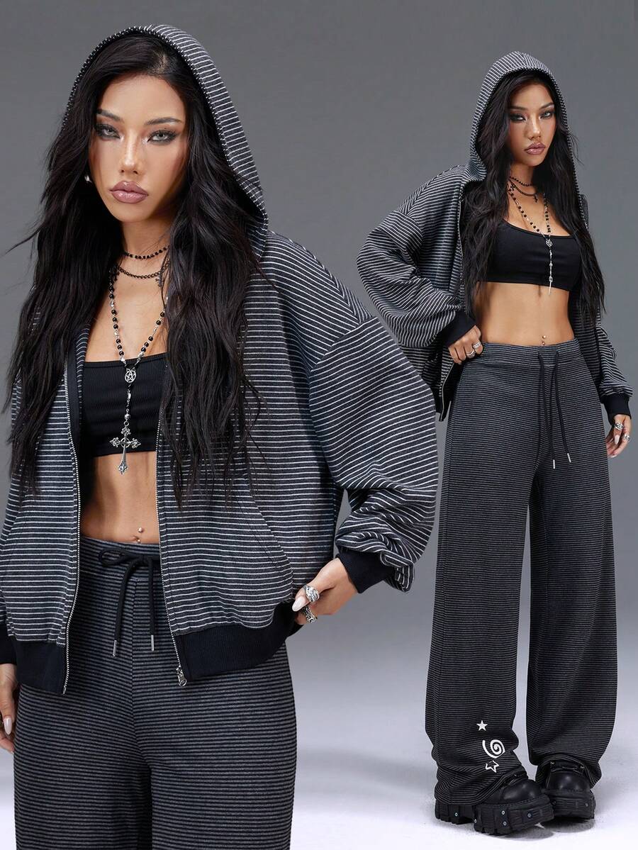 Bloopia Veste décontractée à capuche, manches longues, fermeture éclair avant, style élégant et polyvalent pour femmes, rayures noires et grises, style rebelle rétro cool, idéal pour l'automne/hiver et Halloween